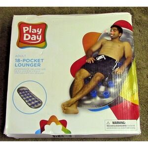 Play Day 18 Pocket Adult Size Inflatable Pool Lounger Silver & Blue